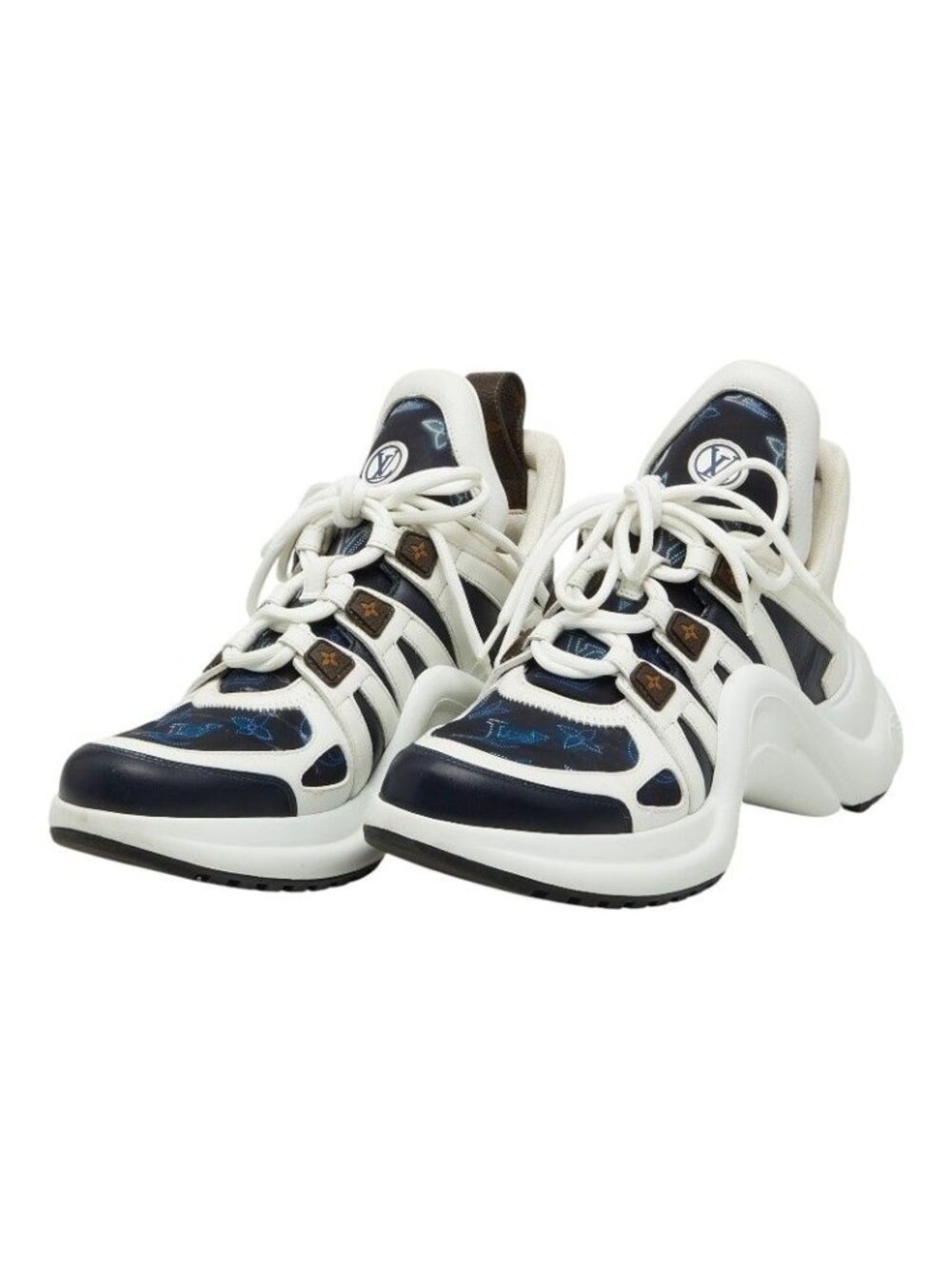 Louis Vuitton Monogram LV A-light Line 39 White Navy Brown Leather Sneaker - Picture 1 of 9